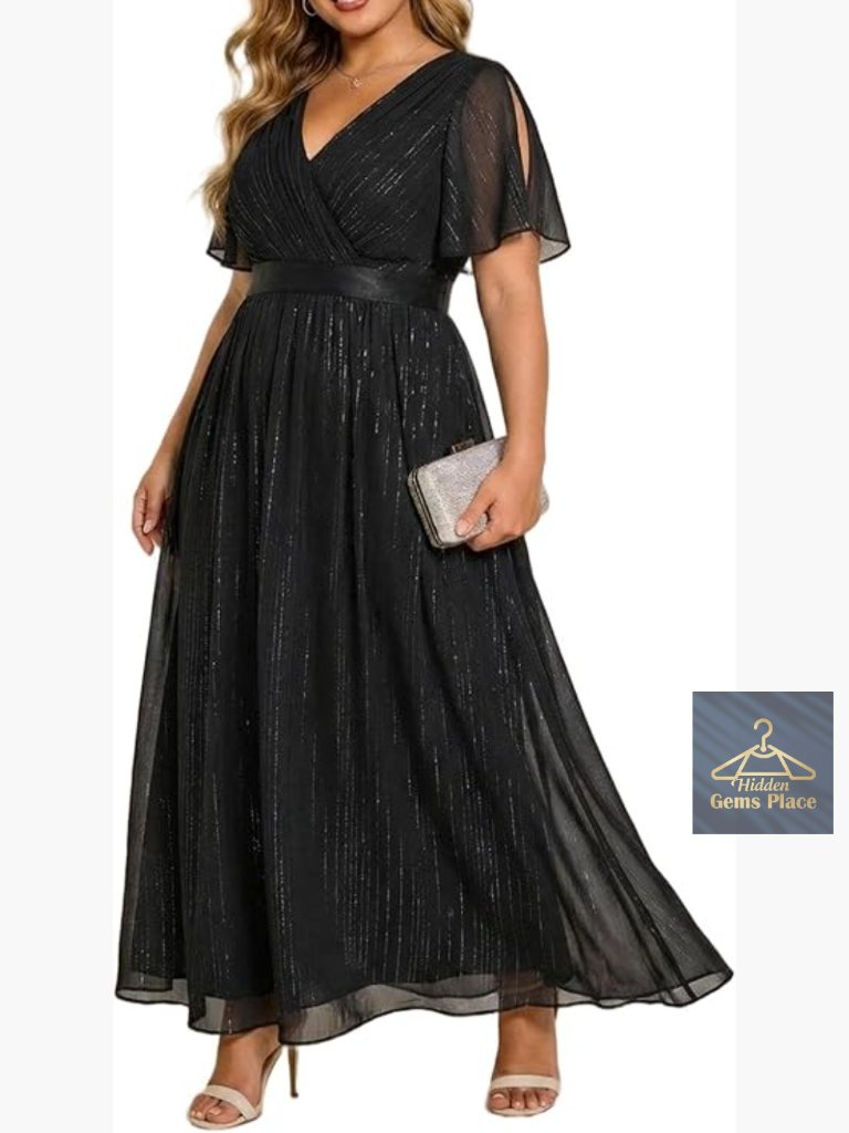 Plus Size Formal Chiffon V-Neck A-Line Floor Length Dress Short Sleeve